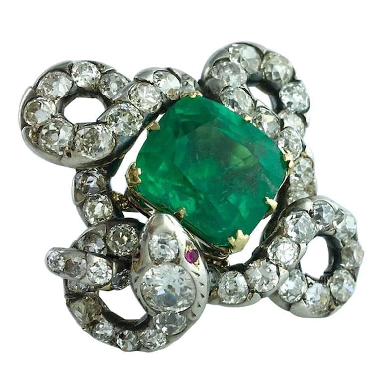 15.43 Carat Colombian Emerald on Antique Italian Snake Diamond Silver Gold Ring