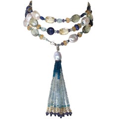 Pearl and Blue Semi-Precious Stone Long Necklace with Tassel and 14 Karat Gold