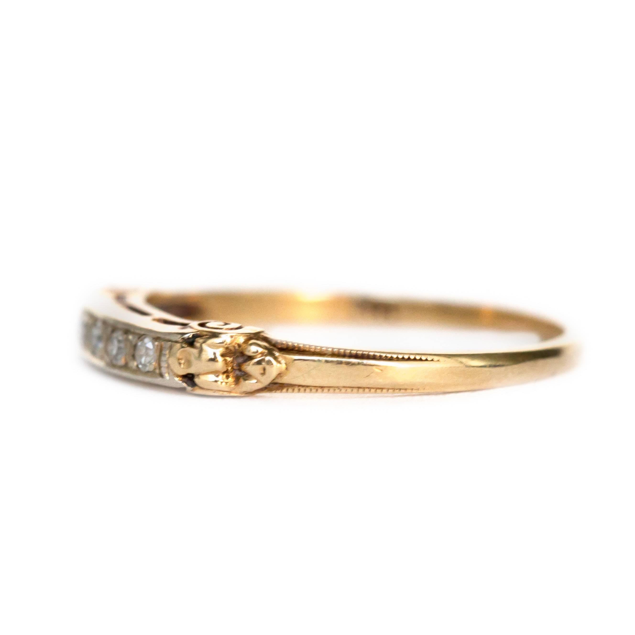 Item Details: 
Ring Size: 6.25
Metal Type: 14 Karat Yellow Gold
Weight: 1.3 grams

Side Stone Details: 
Shape: Antique Single Cut 
Total Carat Weight: .06 carat total weight 
Color: G
Clarity: VS

Finger to Top of Stone Measurement: 5.70 mm
