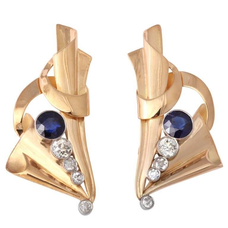 Impressive Retro Sapphire and Diamond Clip Earrings, circa 1940s