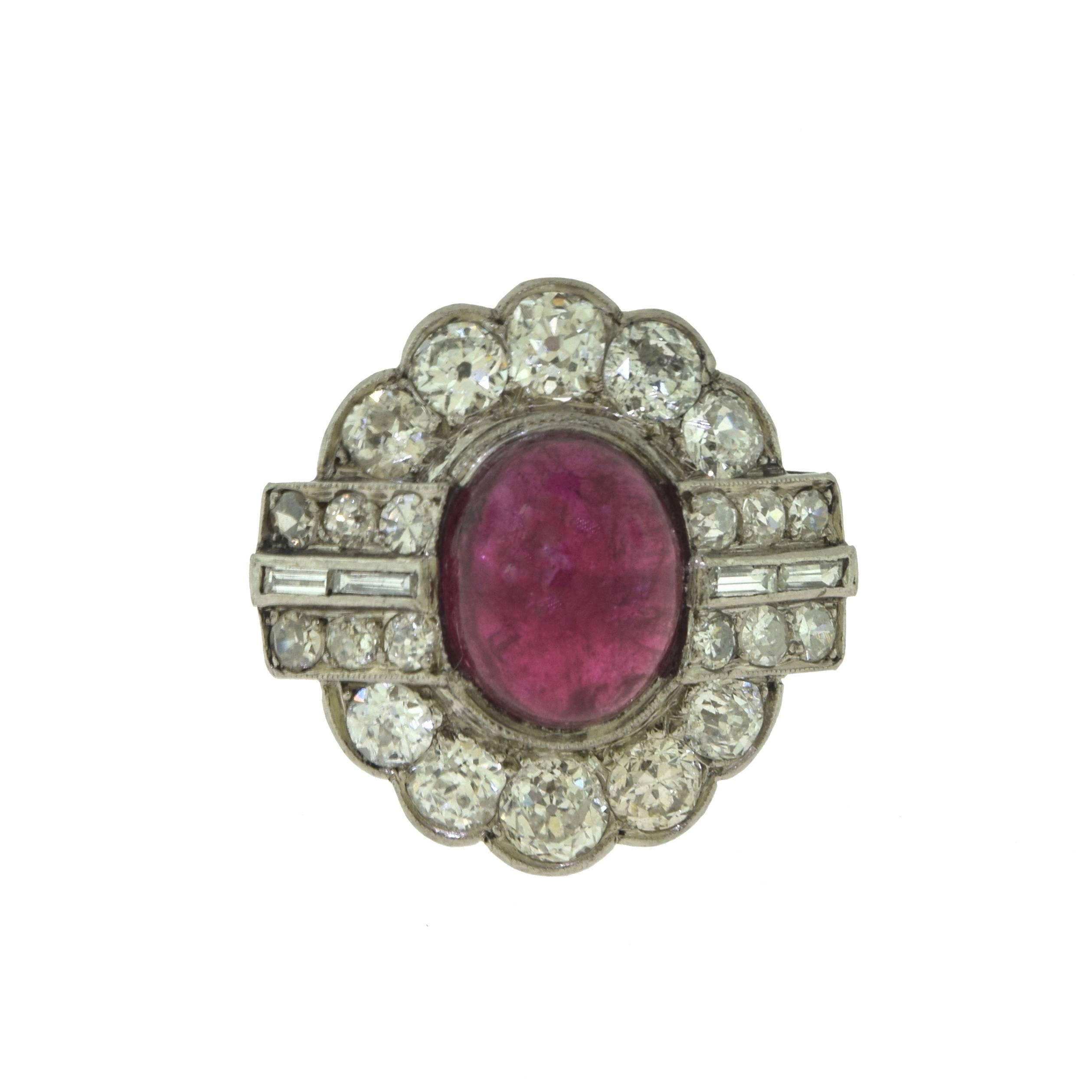 1930s Antique Cartier Platinum 3 ct Ruby and 3.2 ct Diamond Cocktail Ring For Sale