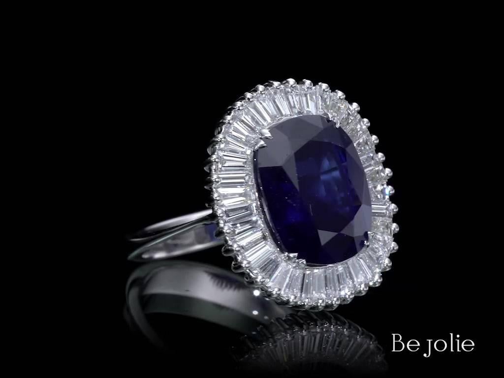 Art Deco Ballerina Style 6.97 Carat Cushion Cut Blue Sapphire & Diamonds engagement ring