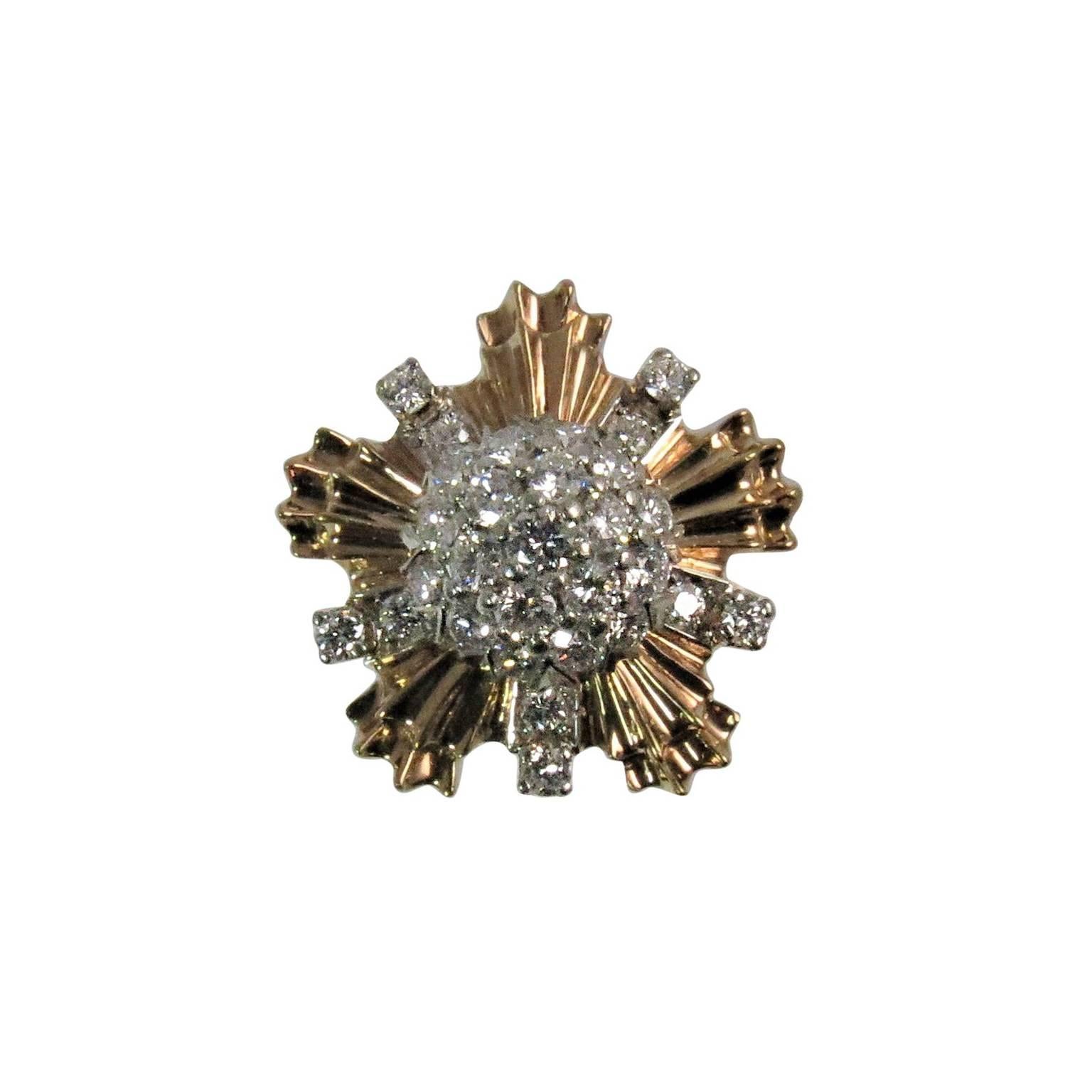 14 Karat Yellow and White Gold Diamond Starburst Design Ring