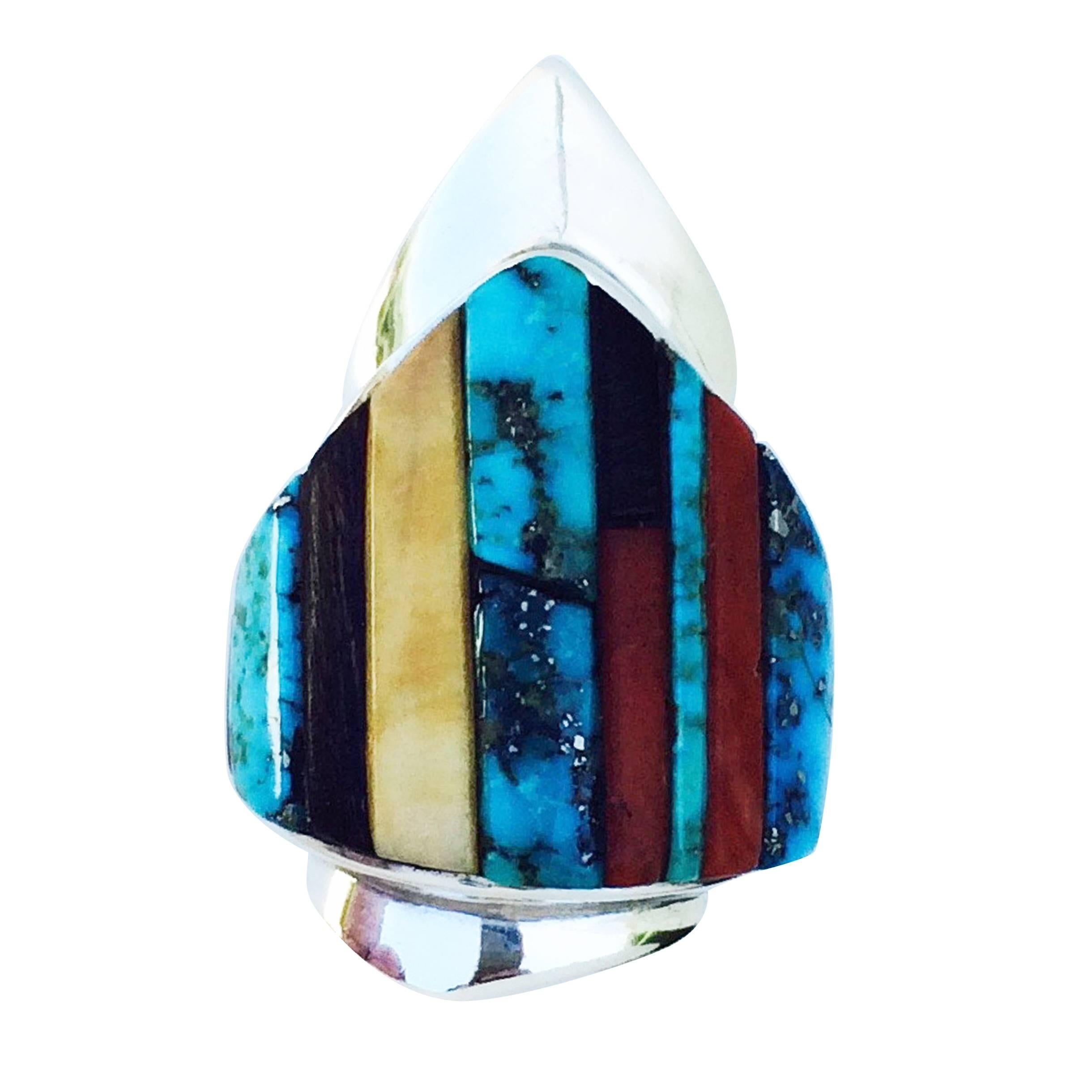 1970s Early Charles Loloma Silver Inlay Shield Ring