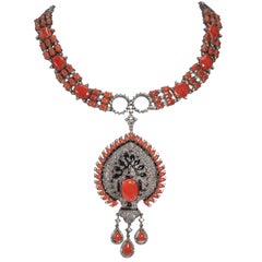 Modern Art Deco Islamic Style Diamond Coral Black Onyx Necklace