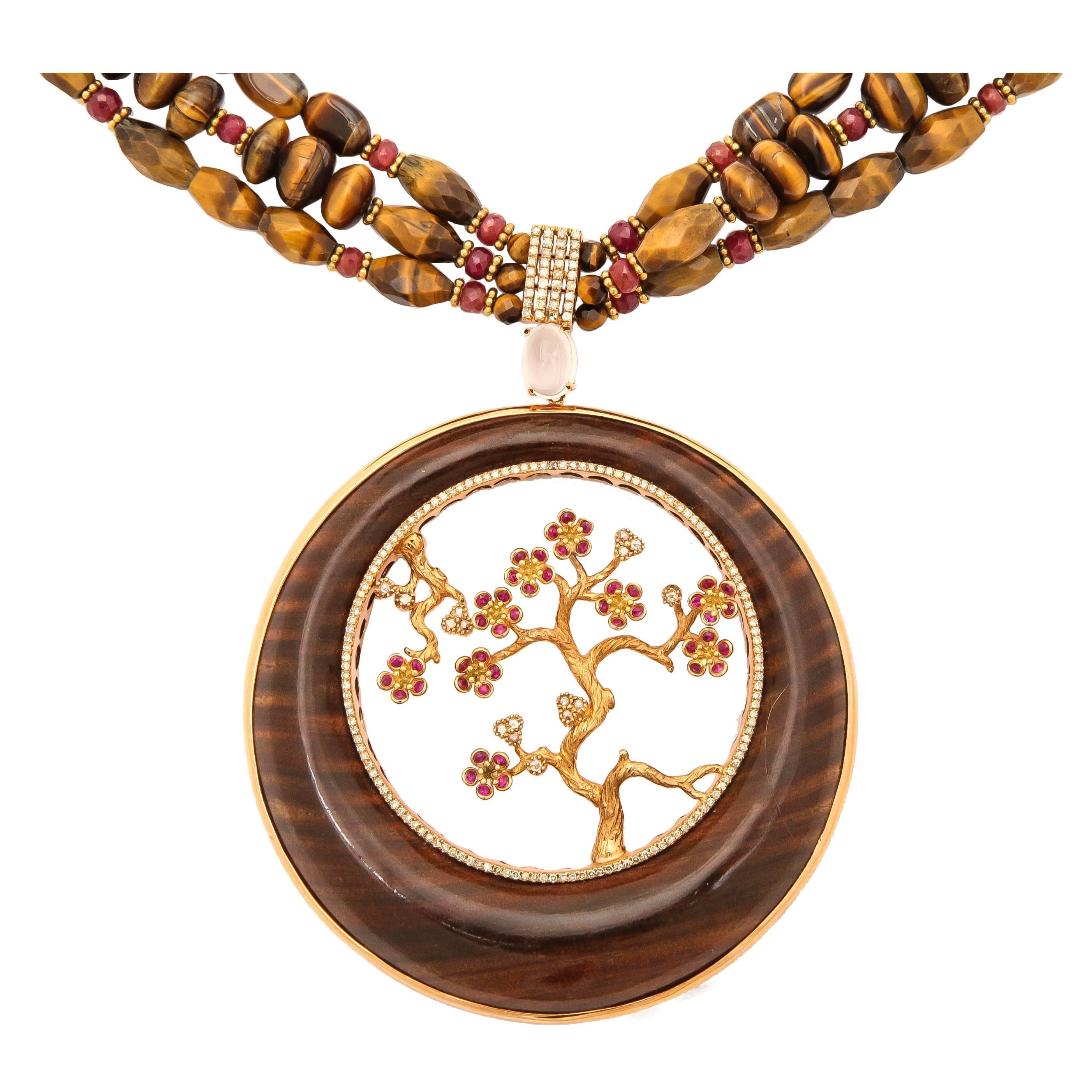 Stunning Ruby Gold Cocobolo Wood Necklace For Sale