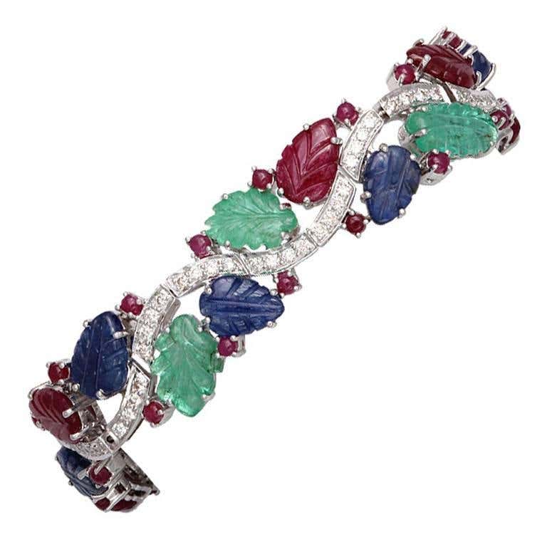 Carved Emerald Sapphire Ruby Leaves Diamond Bracelet at 1stDibs ...