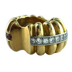 French Vintage "Day & Night" Reversible Ruby Diamond Gold Platinum Ring