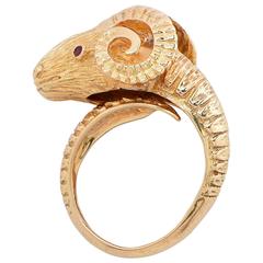 1970s Ilias Lalaounis Gold Ram's Head Ring with Ruby Eyes