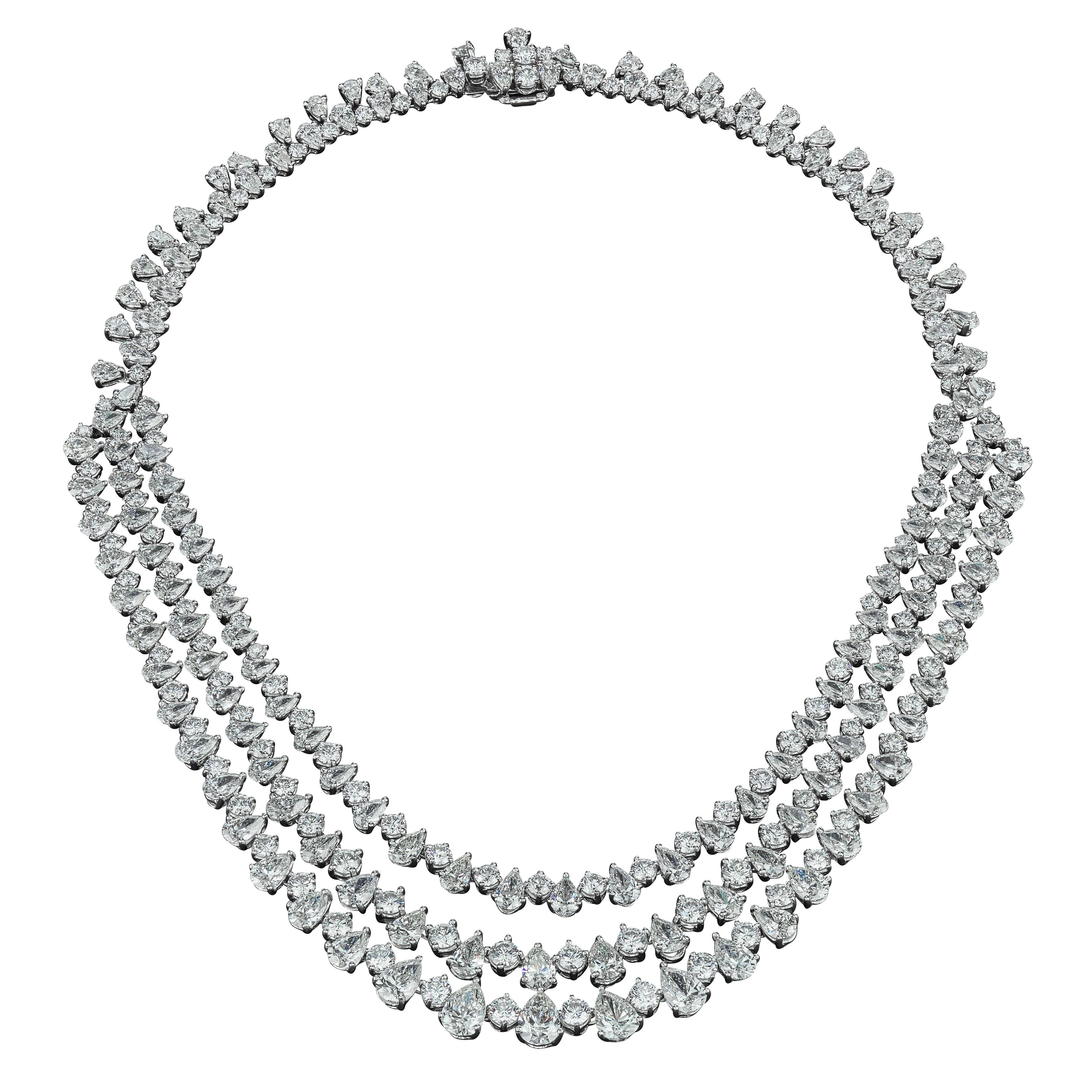 David Rosenberg 80 Carats Platinum Pear Shape 3-Row Diamond Drop Necklace 