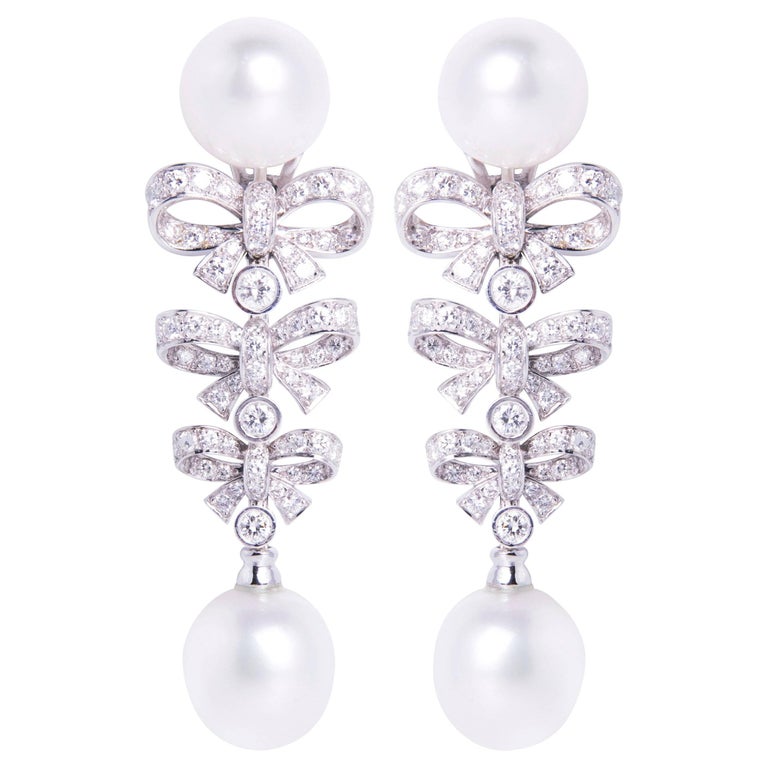 Ella Gafter South Sea Pearl And Diamond Bow Drop Earrings For Ella Gafter South Sea Pearl And Diamond Bow Drop Earrings For