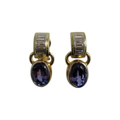 18 Karat Yellow Gold, Platinum, Tanzanite and Diamond Drop Ear Clips