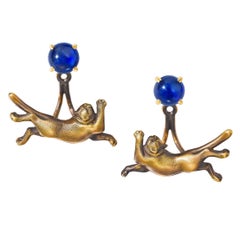 Blue Sapphire and Gold Cabochon Birthstone Studs and Leaping Gold Cat Ear Jacket