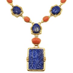 David Webb Carved Lapis and Coral 18 Karat Gold Necklace