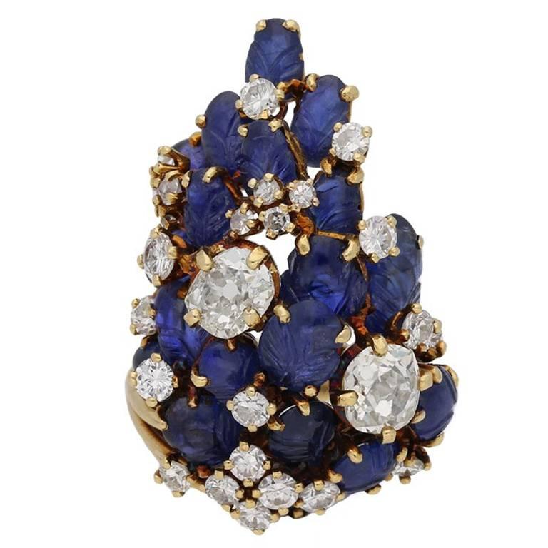 Marchak Carved Sapphire and Diamond Cocktail Ring For Sale