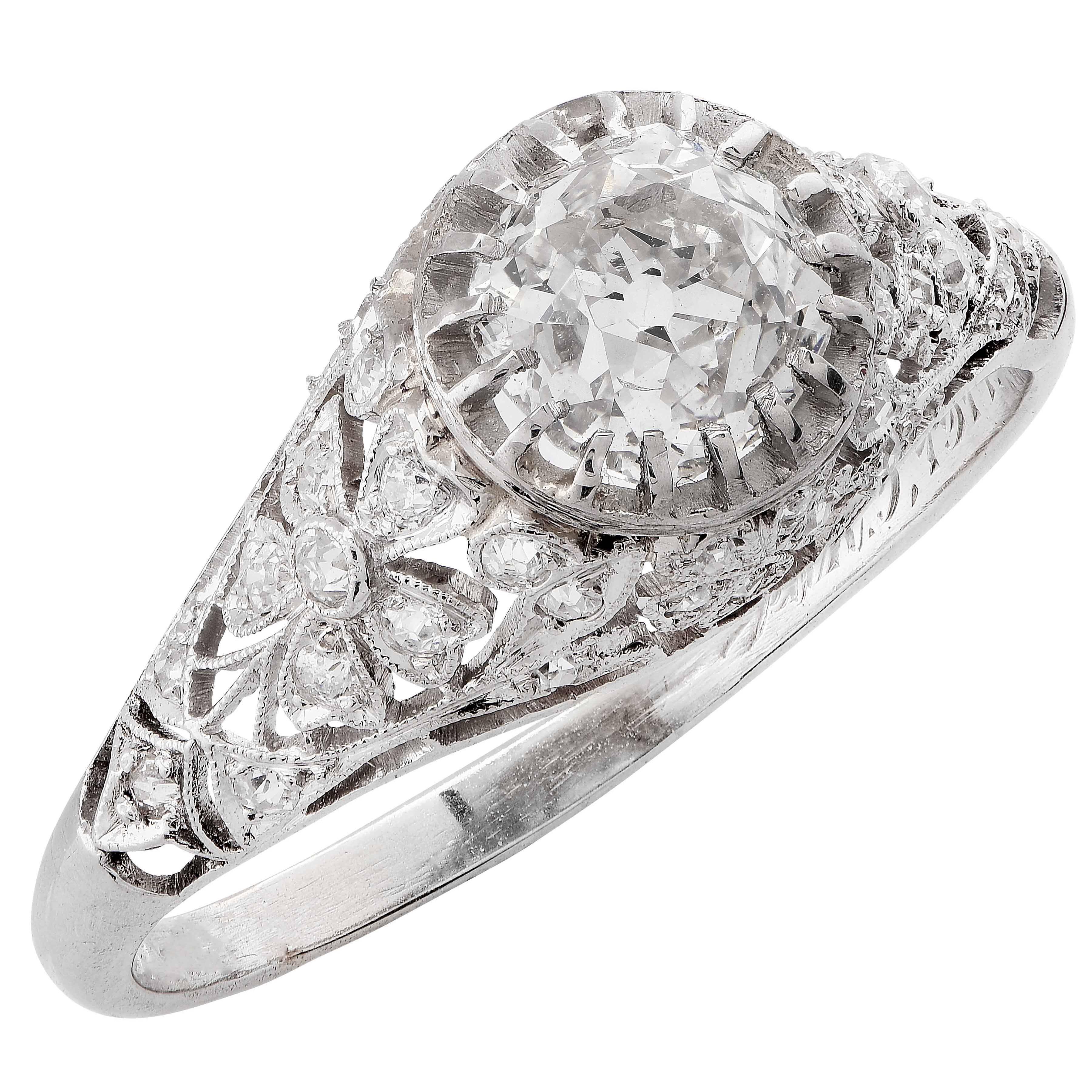 Edwardian 1.31 Carat GIA Certified Mine Cut Diamond Platinum Engagement Ring