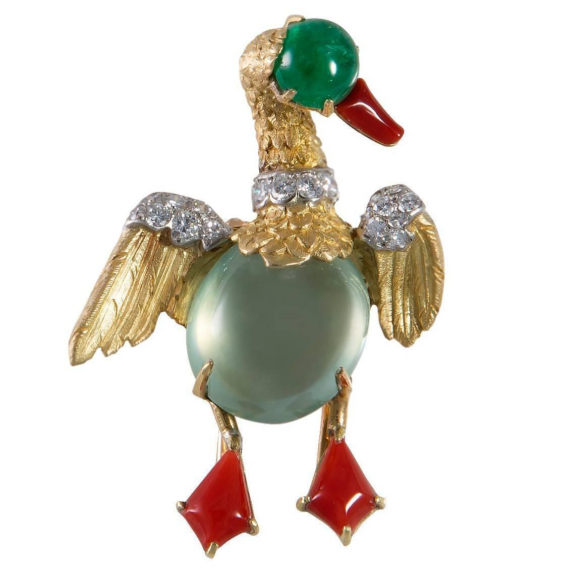 Cartier Coral Moonstone Emerald Diamond Gold Platinum Duck Pin