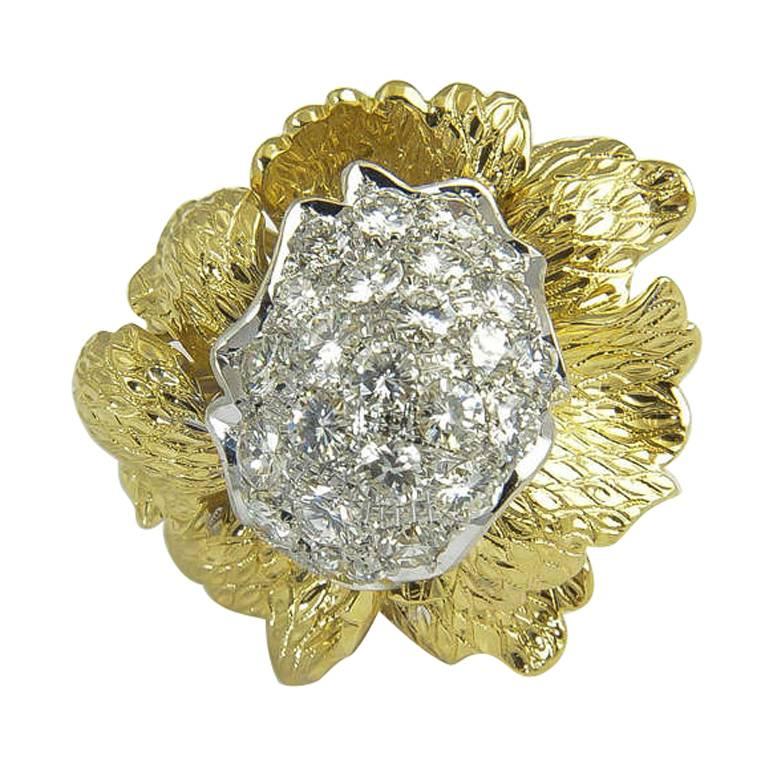 1960s Large Flower Diamond Gold Statement Ring For Sale
