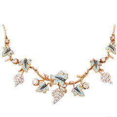 Victorian Pearl Grapes and Enamel Leaves Necklace with Diamonds Accent