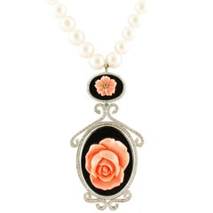 Diamonds Emerald Onyx Coral Flowers Pearls White Gold Beaded Pendant Necklace