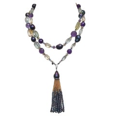 Black Pearl and Multi-Color Semi Precious Lariat with 14 Karat White Gold Clasp