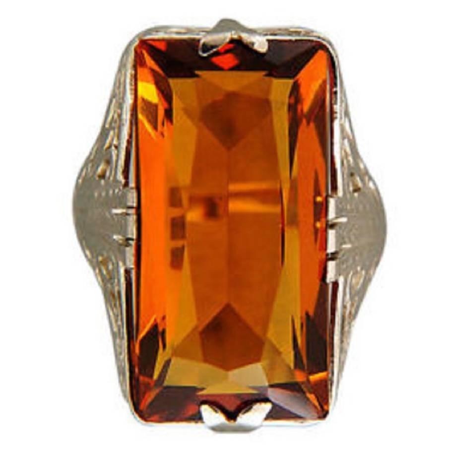 Vintage 15.00ct 14k White Gold 1940 Filigree Natural Orange Yellow Citrine Ring For Sale