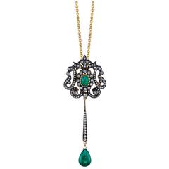 Edwardian Emerald Diamond Gold Necklace