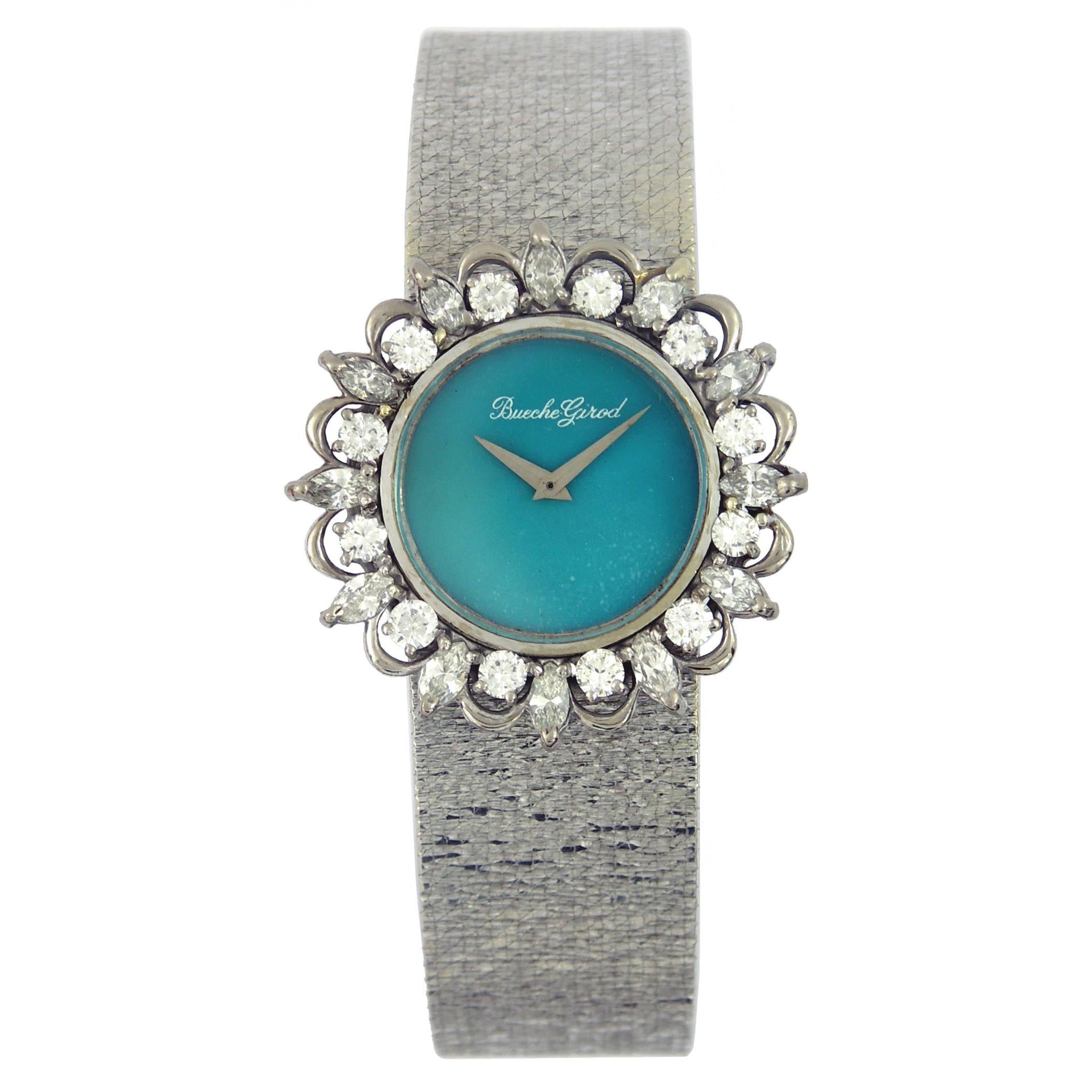 Bueche Girod Lady's White Gold Diamond Turquoise Dial Wristwatch