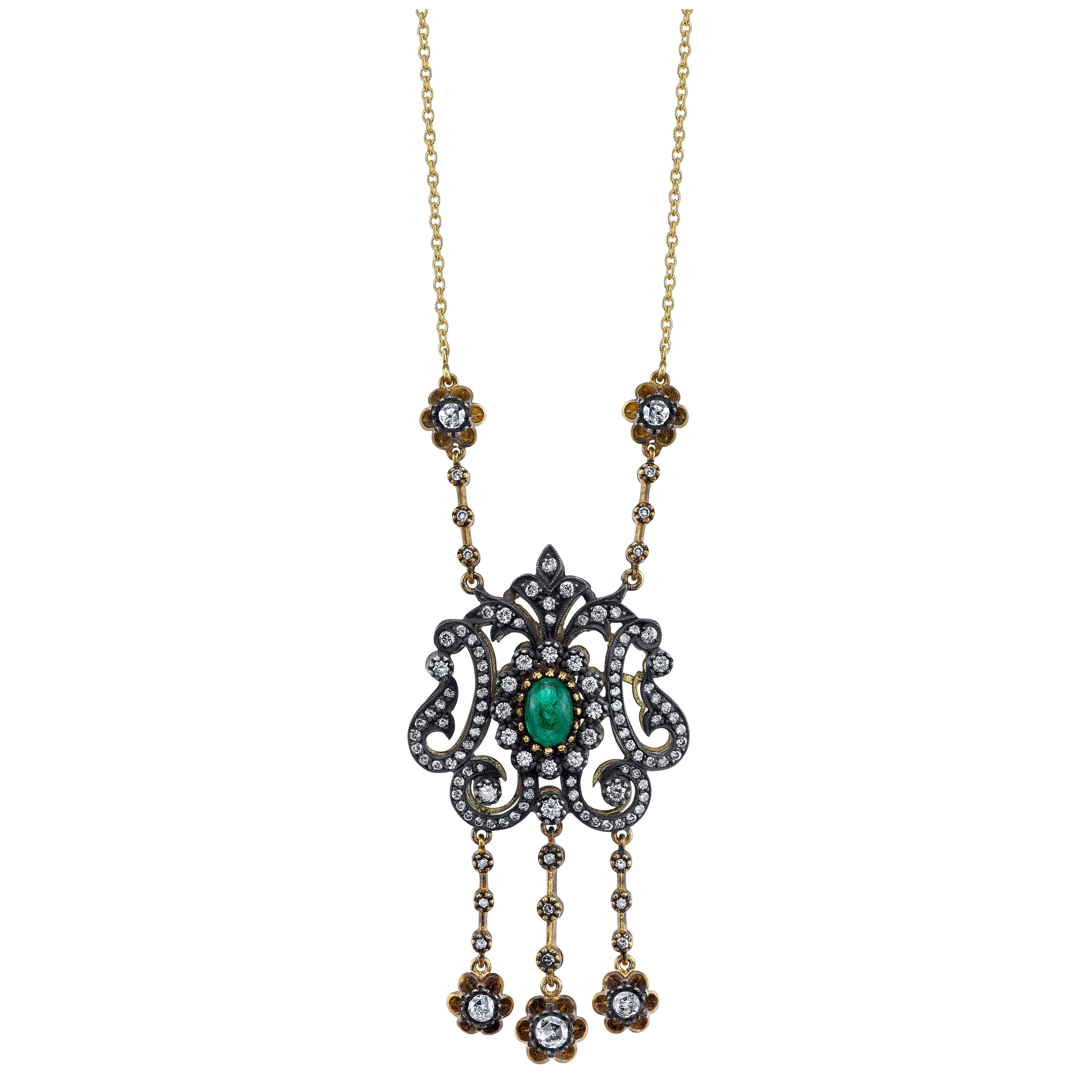 Emerald Diamond Yellow Gold Necklace For Sale