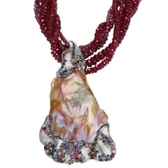 Naomi Sarna Pearl Pendant on Ruby Necklace