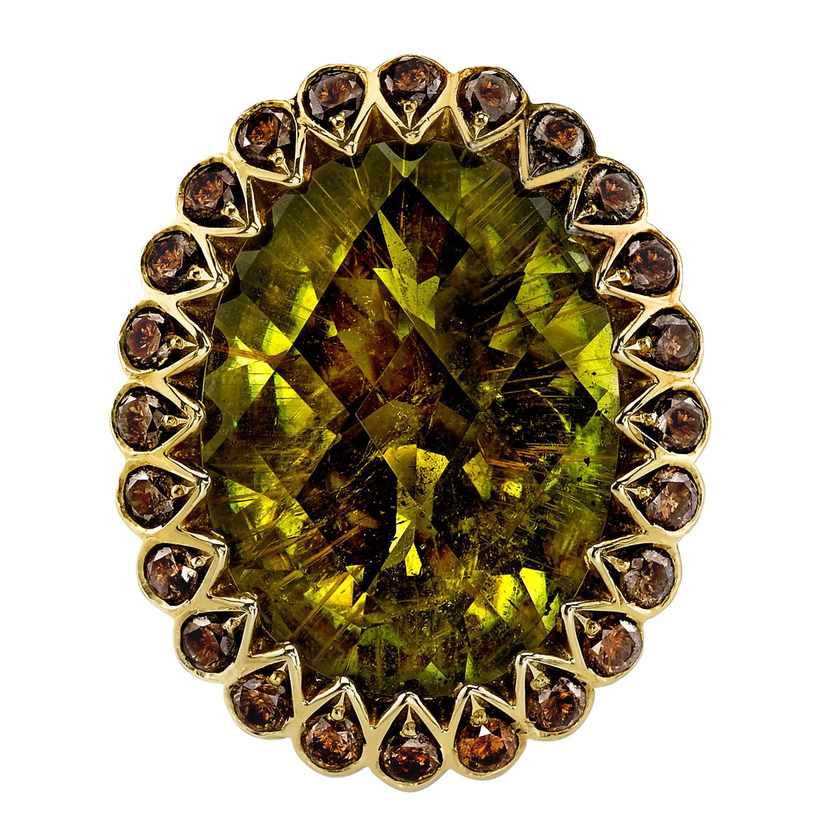 Lime Green Tourmaline Cognac Diamond Gold Ring For Sale