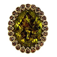 Lime Green Tourmaline Cognac Diamond Gold Ring