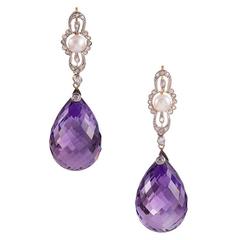 Antique Edwardian Briolette Amethyst Pearl Diamond Platinum Earrings