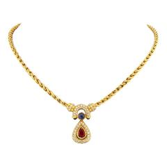 1970s Ruby Sapphire Diamond Gold Necklace