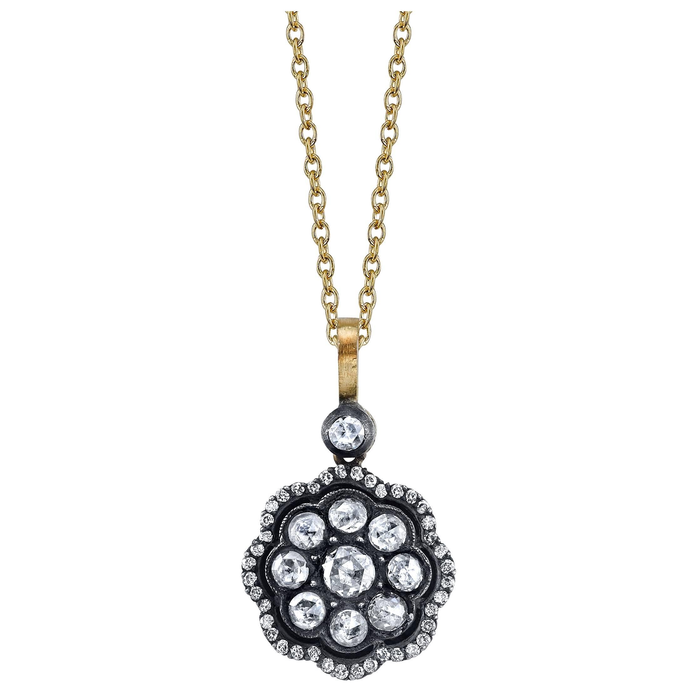 Rose Cut Diamond Cluster Gold Necklace For Sale