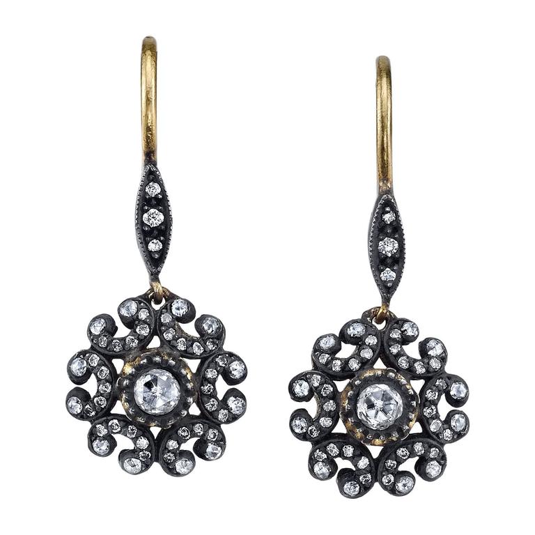 Diamond Silver Gold Cluster Dangle Earrings For Sale at 1stDibs