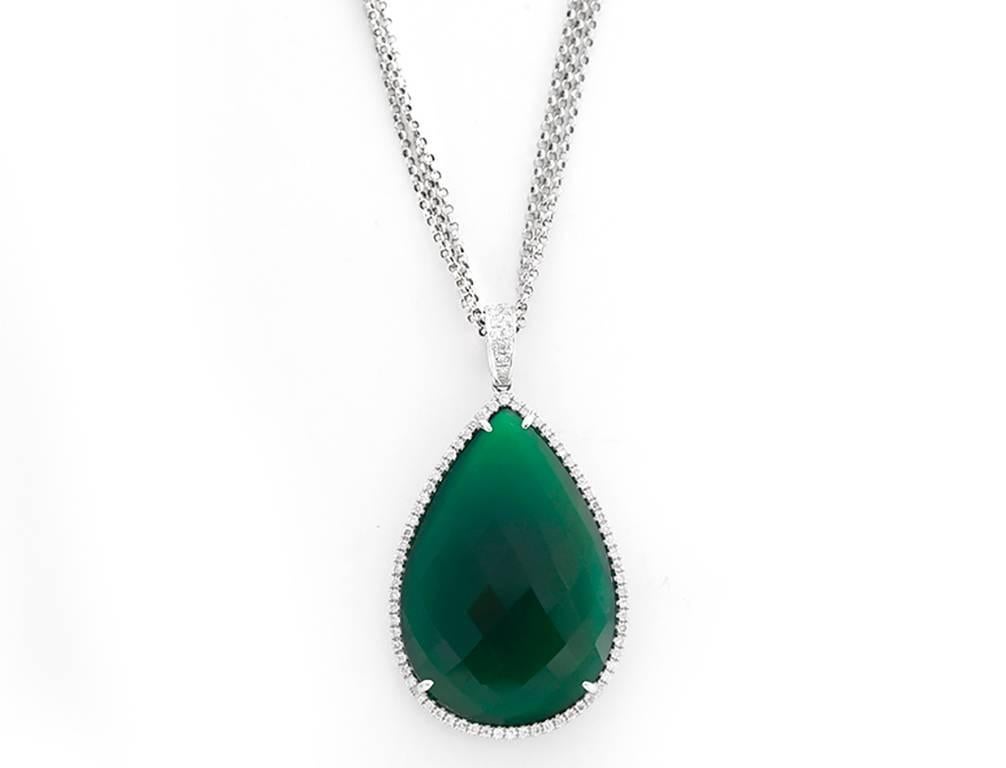 White Gold, Diamond, and Green Agate Pear Shaped Pendant Necklace In Excellent Condition In Dallas, TX