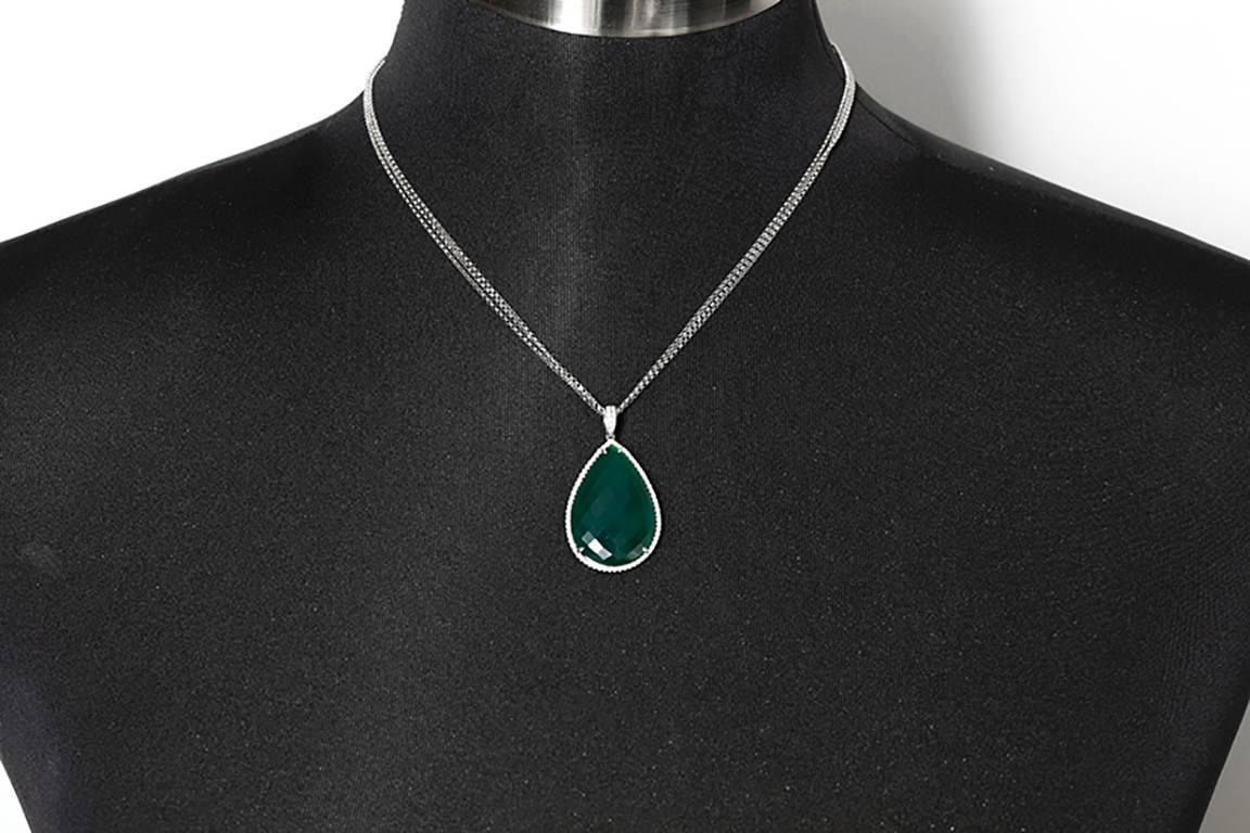 Women's White Gold, Diamond, and Green Agate Pear Shaped Pendant Necklace