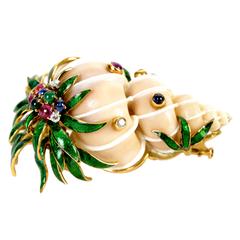 David Webb Rare Enameled Jeweled Gold Shell Brooch 8