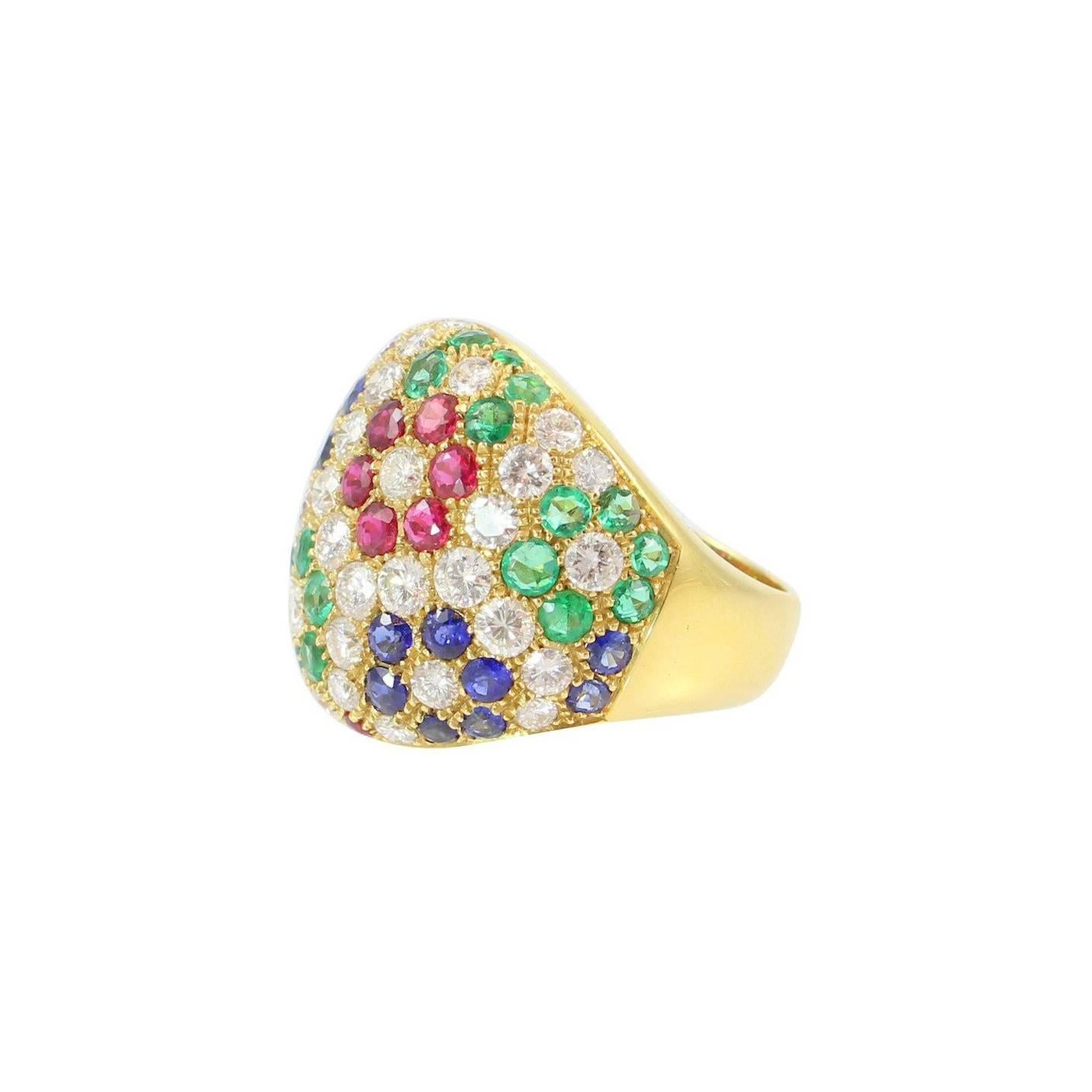 Emerald Sapphire Ruby Diamond Gold Bombe Flower Ring For Sale