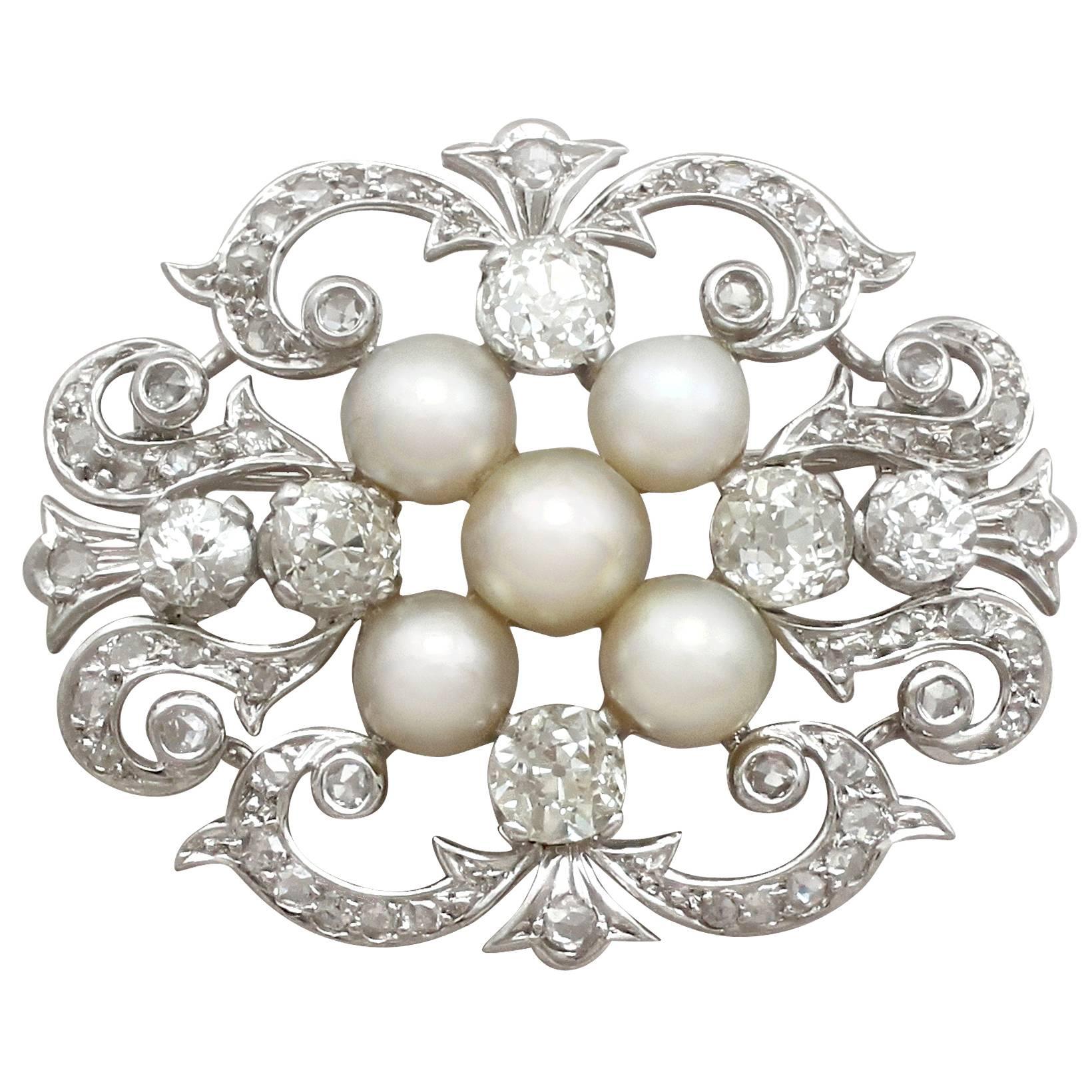 Victorian 3.65 Carat Diamond and Pearl White Gold Brooch