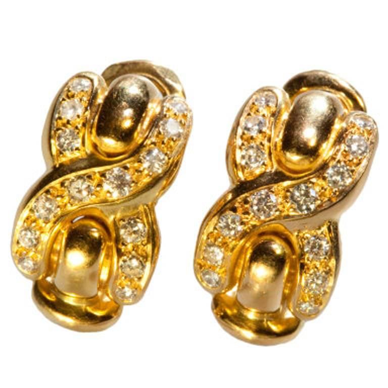French Designer Louis Feraud Diamond 18k Gold Earrings, Paris, Signed For Sale