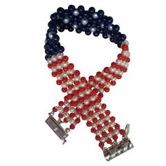 Pearl, Lapis & Coral Bead Bracelet woven in American flag pattern.