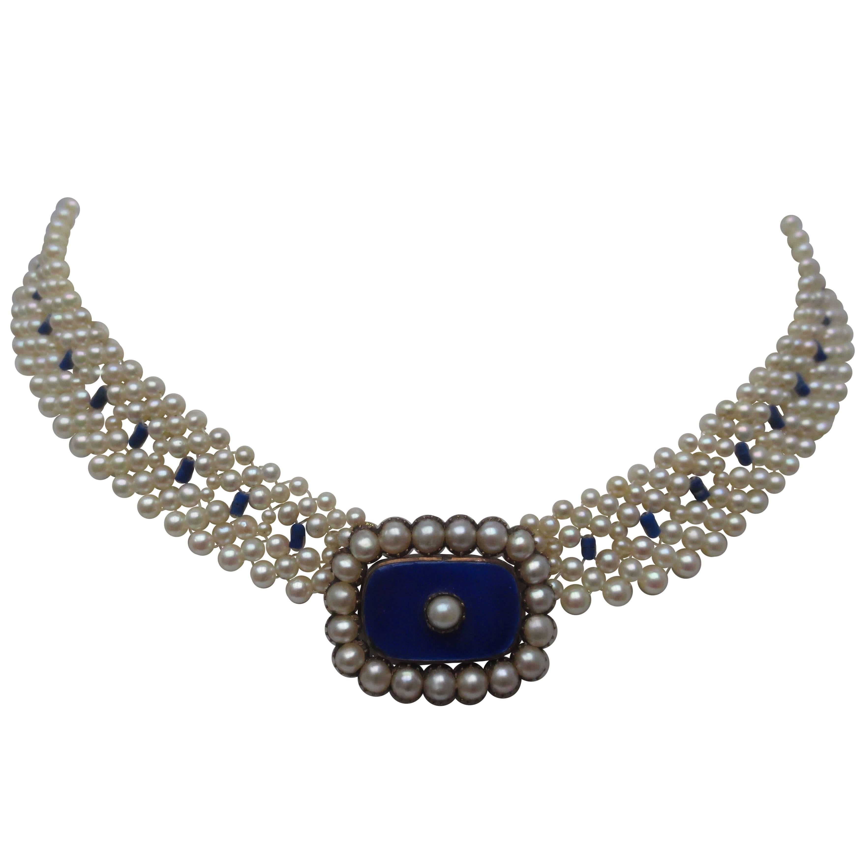 Pearl, Lapis Lazuli, and Bue Enamel Necklace with Pearl and 14k Gold Clasp