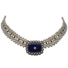 Pearl, Lapis Lazuli, and Bue Enamel Necklace with Pearl and 14k Gold Clasp