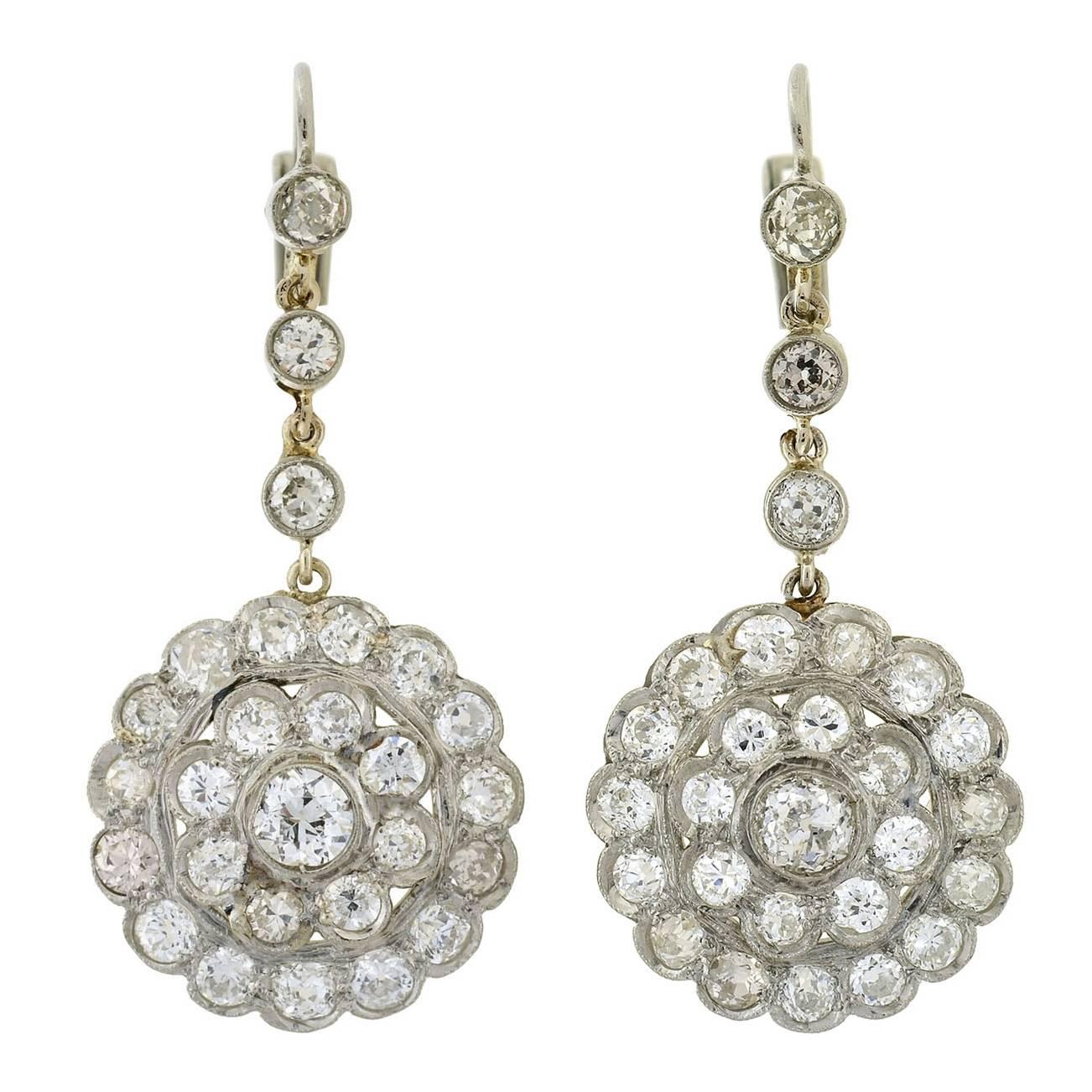 Late Art Deco Diamond Cluster Platinum Earrings 4.20ctw