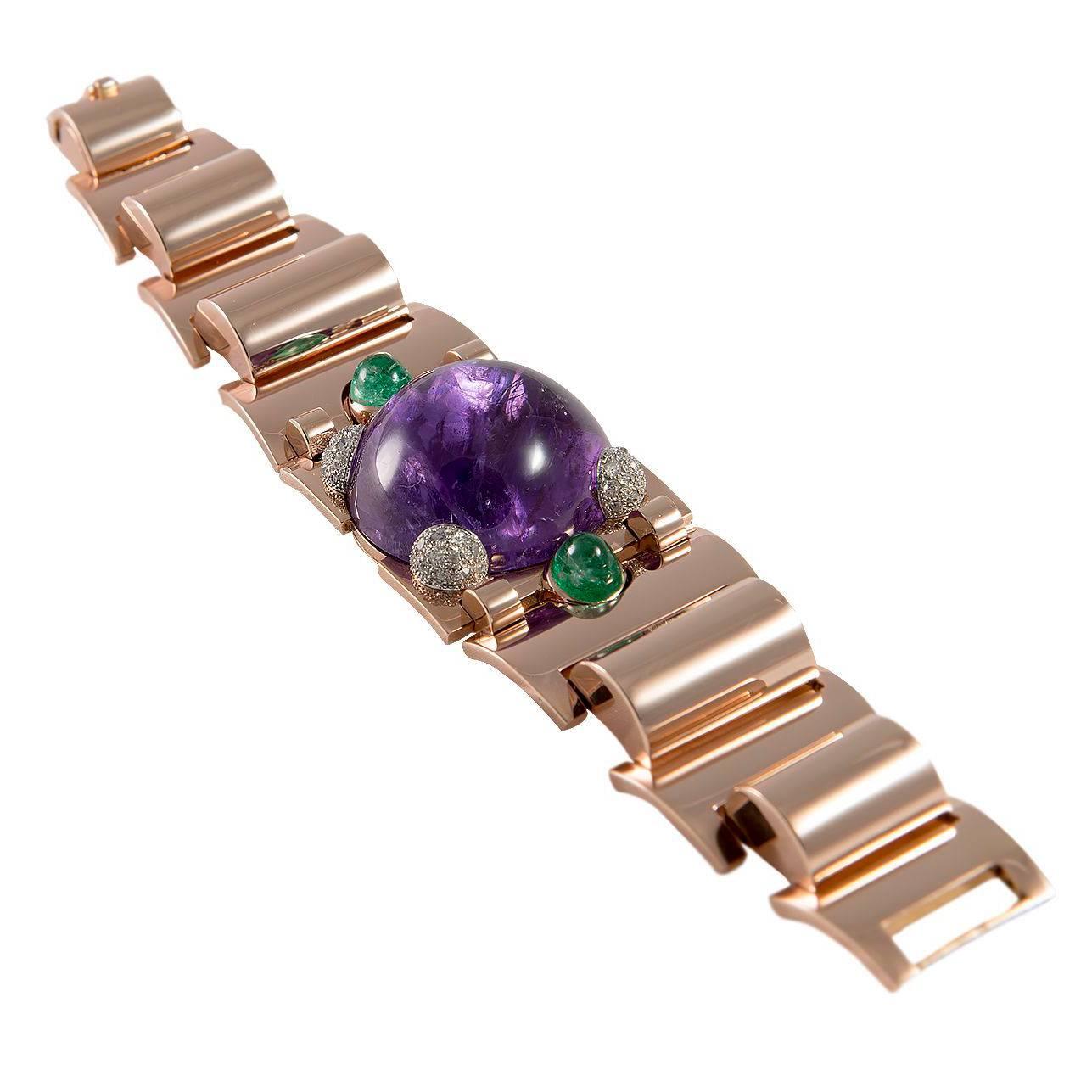 1940s Retro Amethyst Emerald Diamond Rose Gold Bracelet