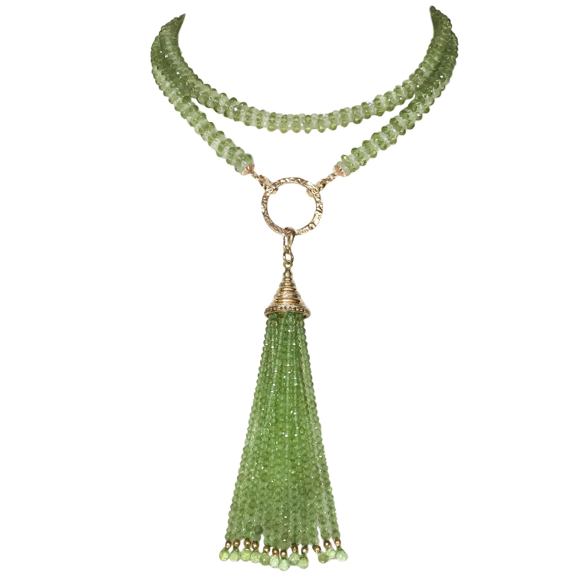 Peridot Tassel Rope Necklace with 14k Yellow Gold, Gold Plated Cup, and Diamonds