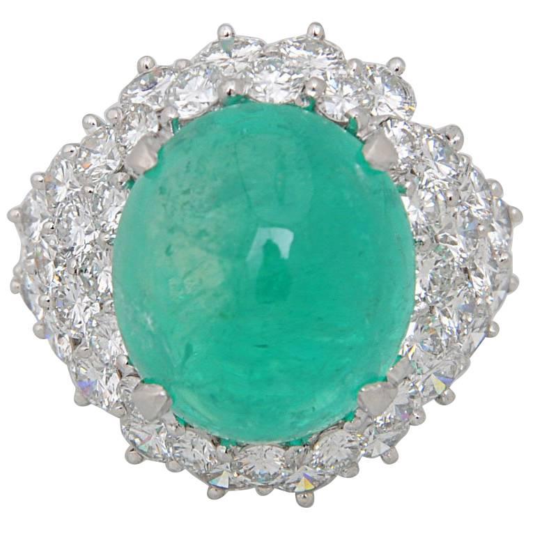 Impressive Emerald Cabochon Diamond Platinum Cocktail Ring For Sale
