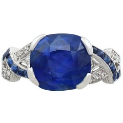Vintage 1930s 4.84 Carat Blue Sapphire and Diamond Platinum Cocktail Ring
